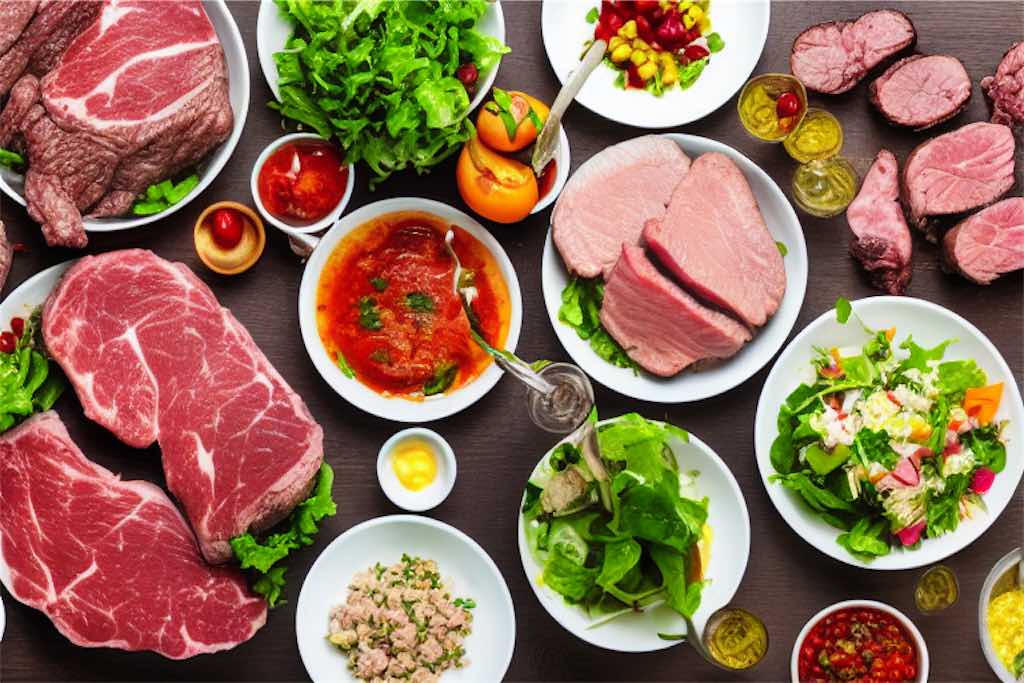 Mesa com salada carnes variadas